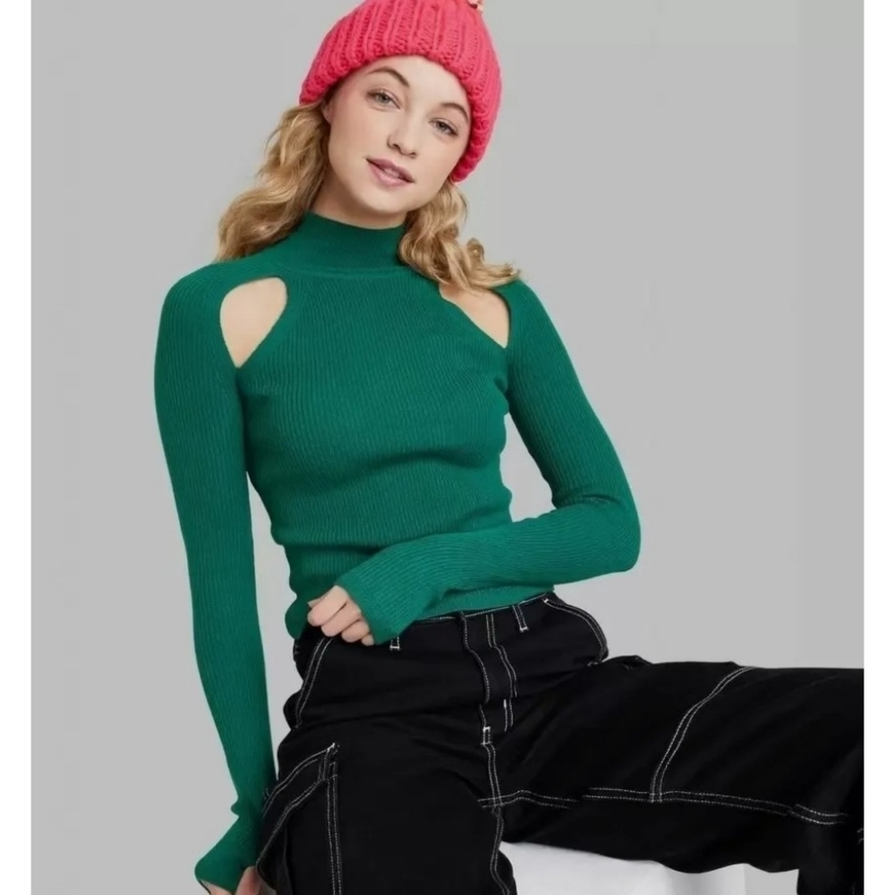 Wild Fable Fitted Cutout Mockneck Pullover Sweater Dark Teal Size XL